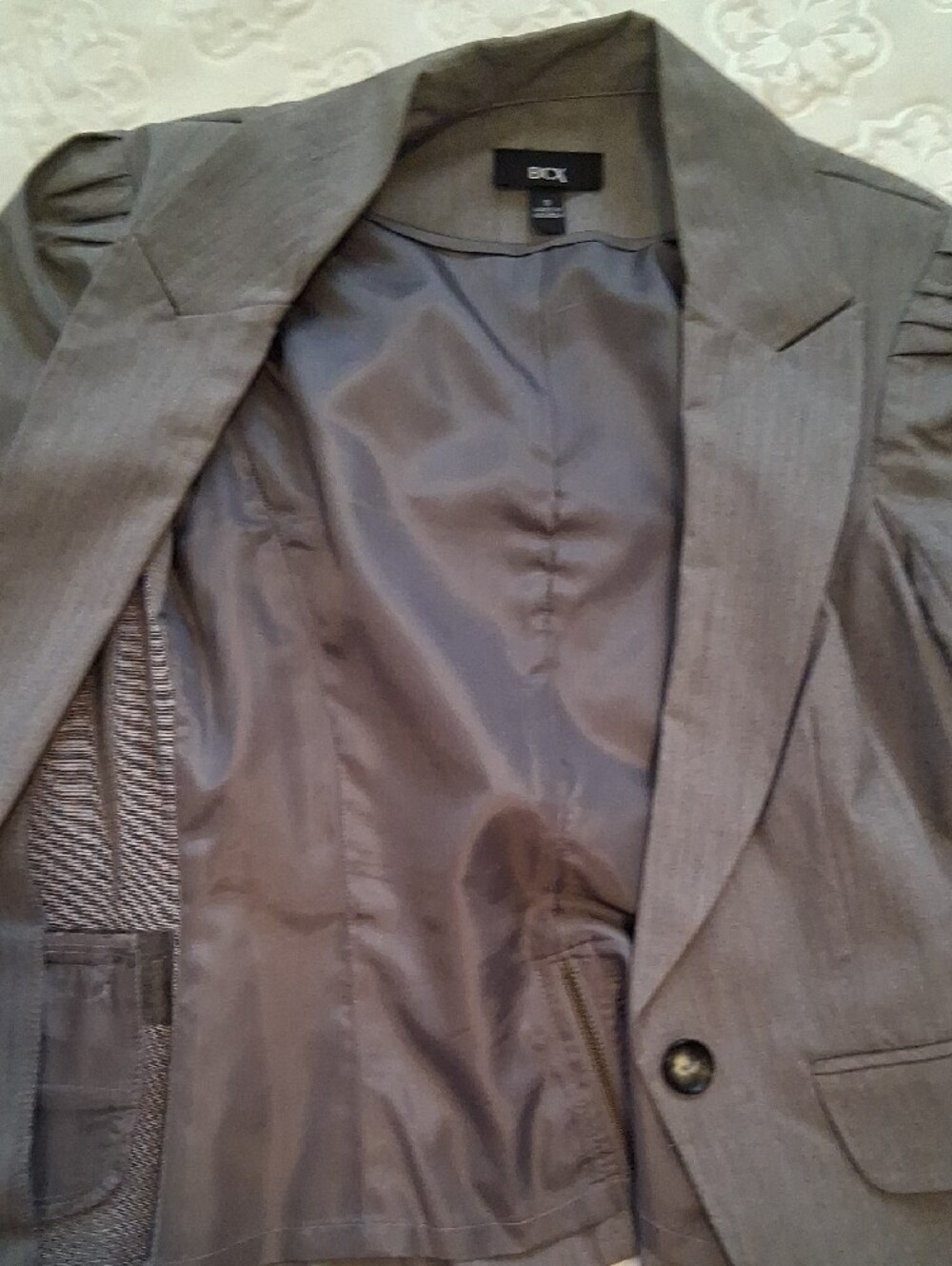 BCX Gray Single-Button Tailored Blazer And Ruffed Skirt. - Picture 7 of 13